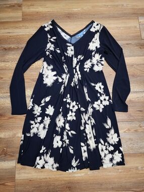 Simply Vera Wang Long Sleeve Dress Women's L Navy Blue Floral